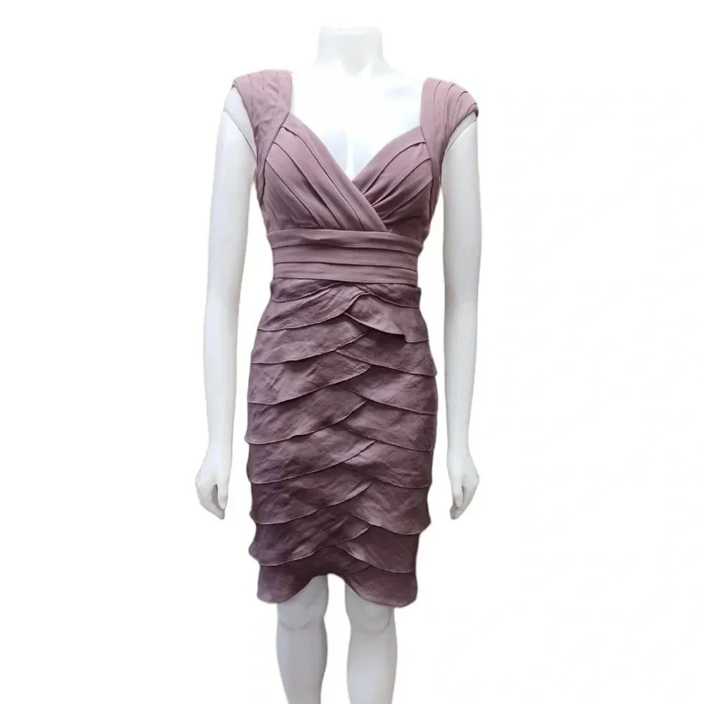 Adrianna Papell Shutter Pleat Ruffle Midi Taupe Sleeveless Dress Size  10